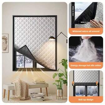 1pc Window Insulation Kit, Thermal Insulation Blackout Curtain, Winter Windproof Warm Curtain, Soundproof Thermal Curtain, Summer Bathroom Kitchen Bedroom UV Protection Sunshade, Seal Window, Blackout Soundproof, Easy Magic Tape Installation Without Drilling