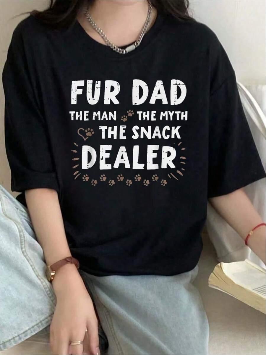 100% Cotton Fur Dad Man Myth Snack Dealer Fathers Day Dog Daddy Papa Pet T-Shirt Summer Tees Women - 黑色 - 查看 1