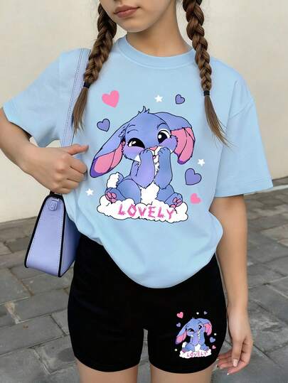 2 Pieces Oversized Short-Sleeve Set For Girls, Cute Angel Accent, Stretch Legging Shorts, Fun Stylish Youth Spring & Summer Wear