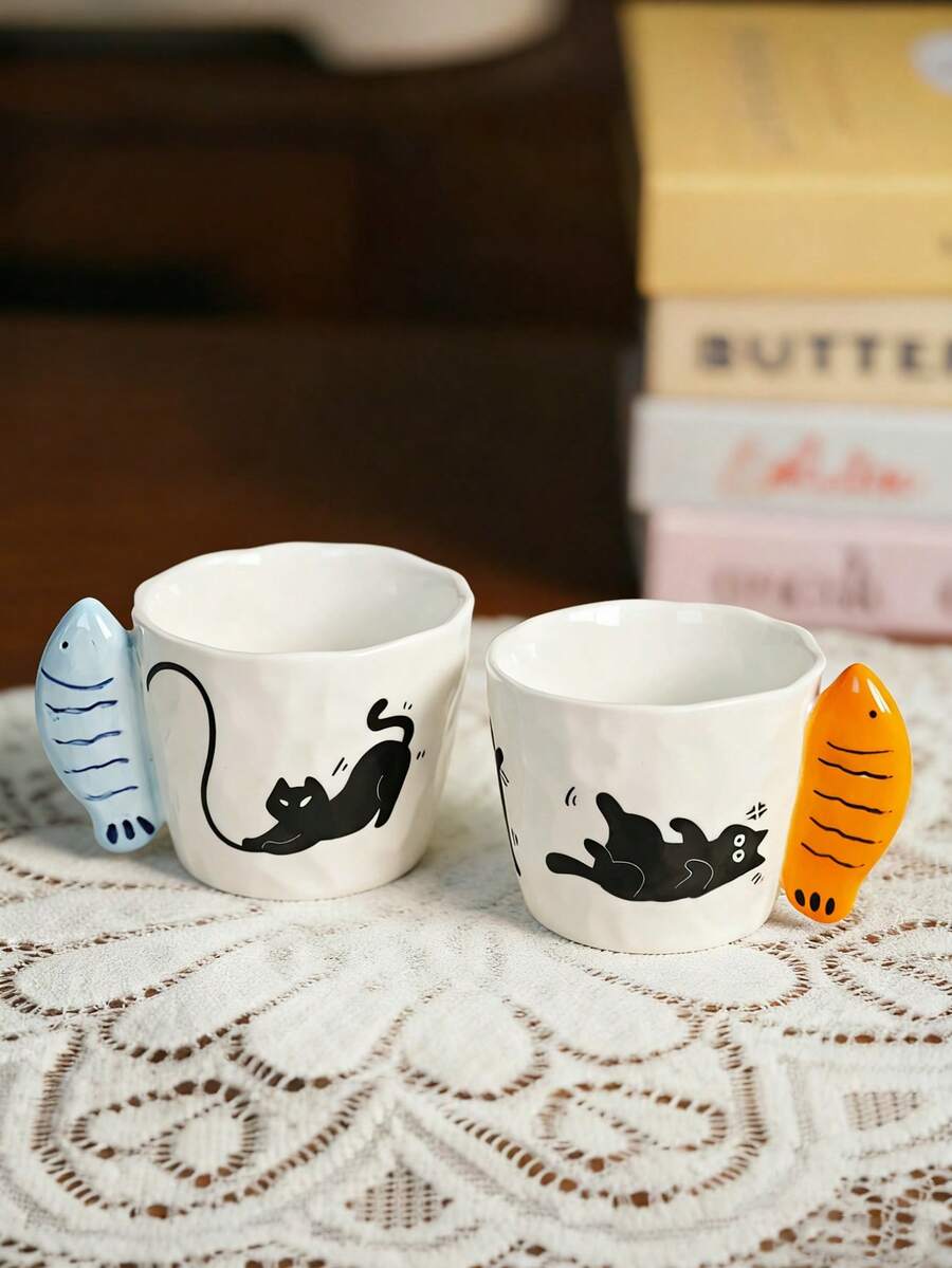 1 chiếc cốc cà phê/sữa bằng gốm vẽ tay hình mèo câu cá ngộ nghĩnh, sáng tạo. - Nhiều màu - Xem 1