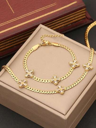 一套百搭锆石花朵颈链，不锈钢项链套装，时尚欧美风格女士首饰，适合日常佩戴，礼品之选。