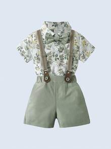 BOARNSEORL 2 件套年轻男孩绅士套装 - 短袖领衬衫配领结和吊带短裤，时尚休闲西装，适合生日派对、婚礼和正式场合 - 綠色 - 查看 2