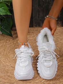 圆头系带拼接纯色保暖内衬时尚百搭都市户外度假校园风格运动鞋，女士款 - 白色 - 查看 5