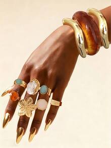10pcs Vintage Bohemian Style Women's CCB Acrylic Open Bangle Set & Colorful Floral Pearl Metal Ring Set, Jewelry Suit For Daily, Party And Holiday Wear - Gold - View 2