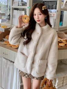 [Y6Y] Women's Fashionable Thermal Lined Long Sleeve Jacket, Small Round Collar Design, Regular Length, Suitable For Autumn/Winter Everyday Wear