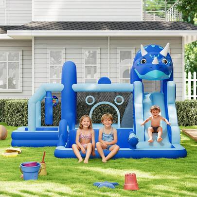 Castillo inflable de dinosaurio con tobogán y soplador de aire, castillo inflable de tela Oxford para niños, casa inflable cosida duradera con gran área de juegos para patio, diversión familiar en interiores y exteriores