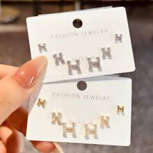 6pcs Elegant Rhinestone Letter H Stud Earrings, Fashionable Luxury Style Versatile Earrings, Best Gift For Girlfriend, Bestie