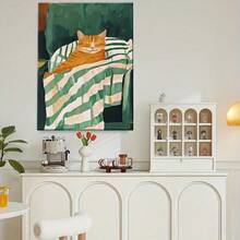 Póster de lienzo enmarcado de madera, gato naranja feliz acostado en una silla, envuelto en arte de rayas verdes, perfecto para la decoración de oficinas, pasillos y salas de estar. - Multicolor - Ver 5