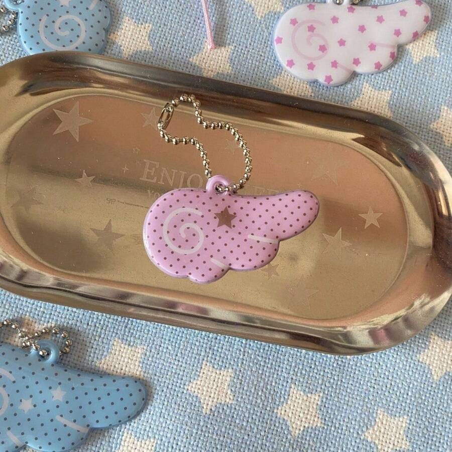 Ins Mini Double-Sided PVC Star Wings Pendant Keychain Photo Album Bag Earphone Cover Decorative Lanyard Pendant - Mặt dây chuyền hình cánh chấm bi màu hồng - Xem 1