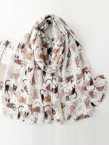 1pc Women's Fashionable Vintage Cat & Dog Pet Print Soft Linen Scarf, Autumn/Winter Bohemian Style Casual Shawl, Suitable For Daily Wear,Beach,Holiday - Beige - View 13