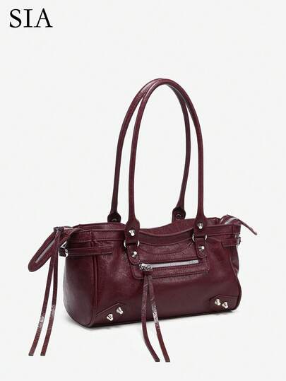 1个女士复古Y2K摩托车多口袋真皮大容量单肩斜挎包，适合街头、约会、派对等场合