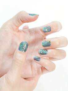 Full Wrap Nail Polish Stickers 1 Sheets Set Summer Nail Art Wraps Self-Adhesive Nail Polish Stickers Waterproof Long-Lasting Fashionable Gel Nail Strips DIY Nails - Green - View 5