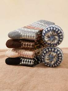 2/5双装女士多色组合袜子，菱形印花和费尔岛雪花图案，仿羊毛针织面料，加厚款，适合秋冬季节，男女皆宜，复古水手袜，适合居家、通勤、上学、约会、节日礼物 - 彩色 - 查看 2