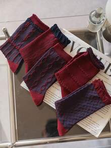 5 Pairs Women's Striped Mid-Calf Socks, Red And Blue Color, Suitable For Autumn/Winter, Indoor, Outdoor Activities And Sports, Fit For Young Adults Aged 18-40