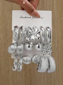 Set de 6/18 pendientes de moda en plata, incluye diseños florales, con textura de concha, brillantes, aros minimalistas, estilos mixtos adecuados para uso diario - Plateado - Ver 1