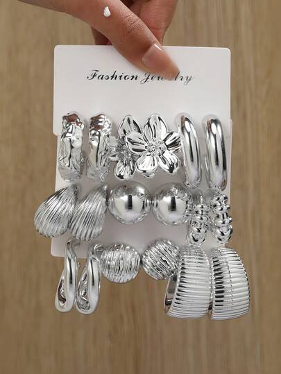 Set de 6/18 pendientes de moda en plata, incluye diseños florales, con textura de concha, brillantes, aros minimalistas, estilos mixtos adecuados para uso diario