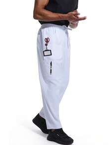 cimmuovere Pantalones cargo de corte slim para hombres, con cierre de cremallera, 5 bolsillos, cintura elástica, tejido elástico, fácil cuidado, uniforme para hombres/uniforme médico - Blanco - Ver 5