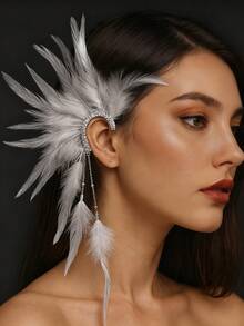 1pc White Feather Exaggerated Hanging Earrings, European And American Fashion Rhinestone Tassel Earrings - Feather - View 2