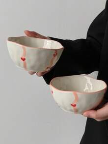 Cabin Kangaroo 1pc/2pcs/4pcs Set Asymmetrical Ceramic Bowl Set | 3D Heart Print Rustic Style Ceramic Bowl | Cute Pink Rim Snack/Salad Bowl, Suitable For Tabletop Decor And Daily Use - Multicolor - View 3