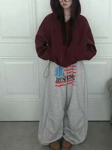 High Waist Loose Fit American Flag & Letter Print Casual Wide Leg Sweatpants - Light Grey - View 4