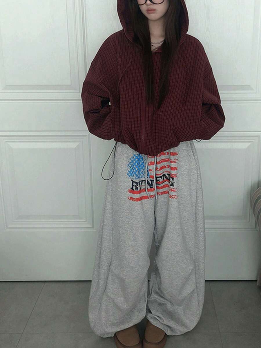 High Waist Loose Fit American Flag & Letter Print Casual Wide Leg Sweatpants - Light Grey - View 1