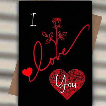 بطاقة تهنئة عيد الحب الأنيقة والإبداعية "أحبك" بوردة حمراء - مثالية للزوج والزوجة والرجال والنساء، تتضمن تهنئة عيد الميلاد ومساحة لكتابة رسالة قلبية، تأتي مع مغلف، هدية مثالية لعيد الحب/عيد الميلاد