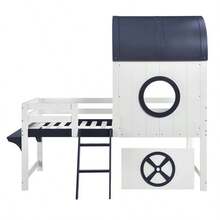 Letto a castello, letto a soppalco, letto per bambini con tetto e finestra, cassetto inferiore con rotelle, pratica scaletta inclinata a due gradini, pino + MDF + compensato, bianco + blu scuro, 90 x 200 cm - Bianco + Blu scuro - Visualizzare 10
