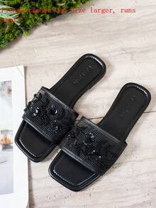 女士时尚方头手工串珠凉鞋，带花卉装饰，网眼透气，舒适防滑户外拖鞋，适合户外旅行、徒步旅行、休闲，黑色 - 黑色 - 查看 2