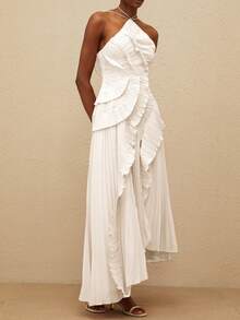 Women's Y2K Halter Neck Long Dress Elegant Sleeveless Backless Ruffles Tiered Cocktail Party Vacation Long Evening Dress - 白色 - 查看 6