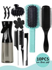 2/3/5/6/11Pcs Detangling Comb Brush Set, 9-Row Cushion Nylon Styling Brushes, Comb Set For Teasing, Edge & Back Brushing, Curly Hair Brush Set With Spray Bottle For Detangling Brush, Scalp Massager Shampoo Brush,Premium Wide Tooth Comb,Flower Hair Clip,Brush Set For Hair Styling(Pink,Purple,Black)