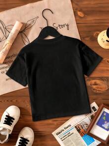 Camiseta de manga corta casual con cuello redondo y estampado numérico para niña - Negro - Ver 3