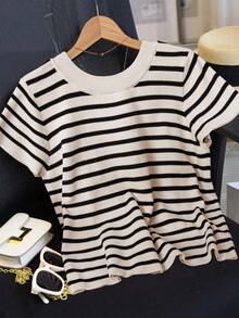 Top de vară cu guler rotund, dungi, culori contrastante, casual, pulover tricotat, mânecă scurtă - Caisă - Vizualizare 2