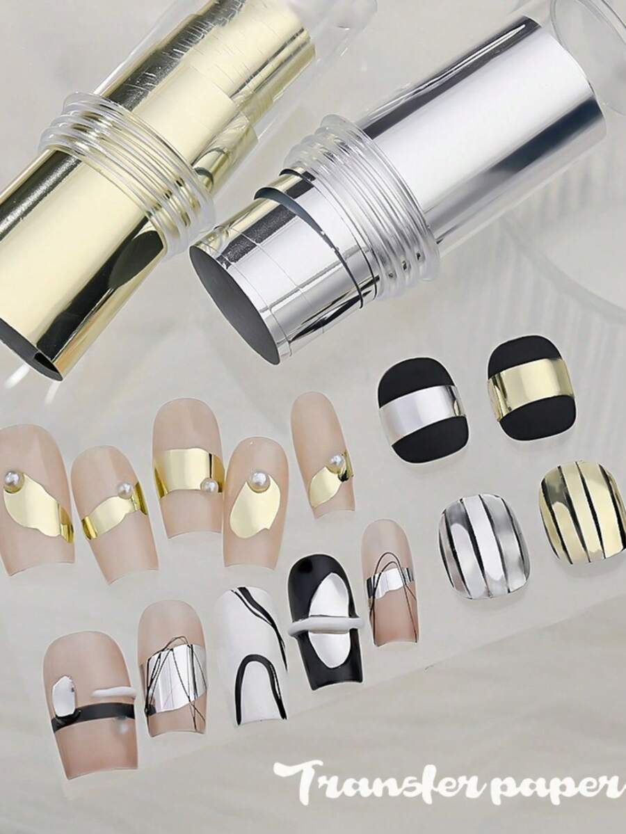 2片装美甲箔片，哑光镜面金属金银色全息纸凝胶指甲油转印贴纸，DIY图案美甲装饰贴片 - 彩色 - 查看 1