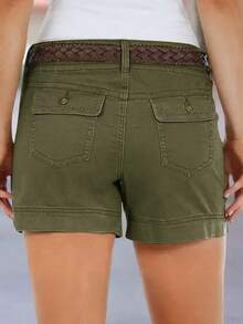 女士时尚休闲弹力牛仔短裤夏季 - 軍綠色 - 查看 3