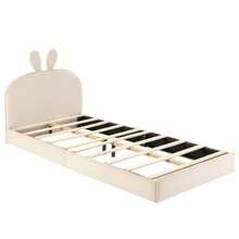 Upholstered Children's Bed With Rabbit Headboard, Wooden Slatted Base, Single Bed, Beige Velvet, 90 X 200 Cm - Beige - View 6
