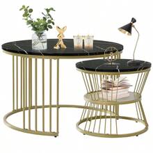 Gold Frame Round Nesting Tables Set Of 2 – Marble Pattern Top End Tables For Living Room/Bedroom - Multicolor - View 5