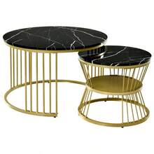 Gold Frame Round Nesting Tables Set Of 2 – Marble Pattern Top End Tables For Living Room/Bedroom - Multicolor - View 8