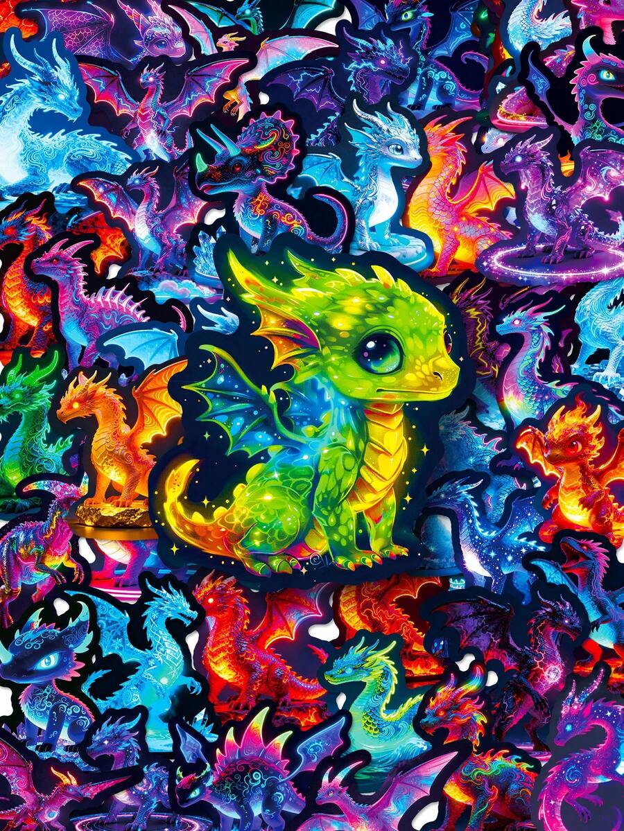 56Pcs Neon Cool Dragon Stickers, Fashion Gradient Various Western Dragon Animal Graffiti Stickers, Waterproof Decals For Phone Case Water Bottle Travel Suitcase, Back To School Rewards - Multicolor - View 1