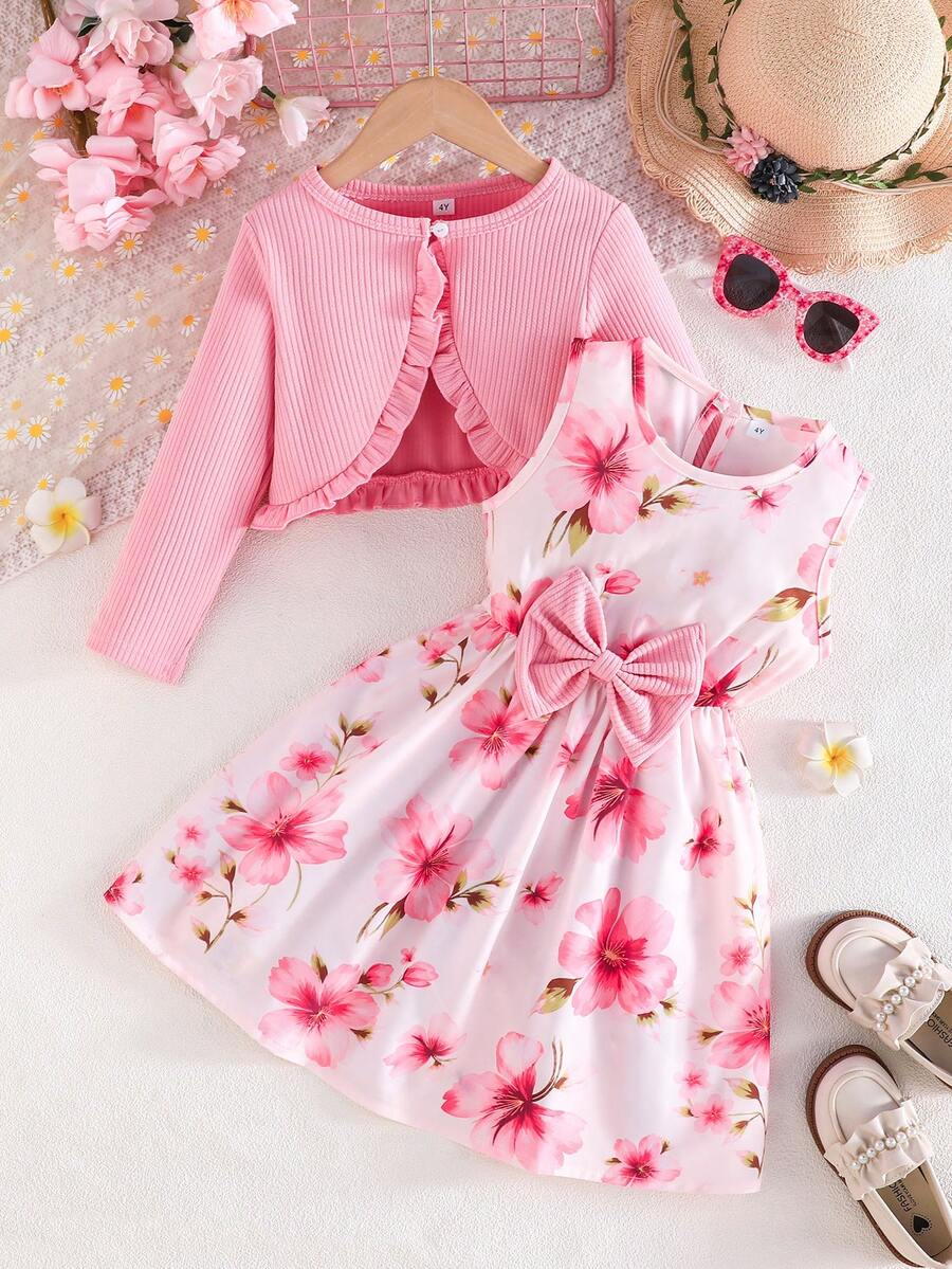 2pcs Girls Spring/Autumn Outfit - Ruffle Trim Jacket Paired With Sleeveless Floral Print Dress With Bow Decor, Elegant Set - Pink - View 1