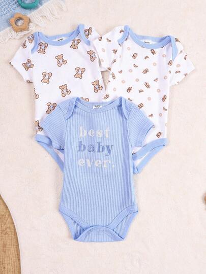 DILAVEL 3pcs Baby Boys & Infants Cute Bear Embroidery Romper Set, Short Sleeve Climbing Suit For 0-9 Months, Outdoor