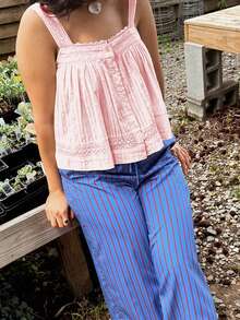 Women Camisole, Sleeveless Tops Lace Trim Button Closure Loose Summer Vest for Party Club - Rosa - Ver 2
