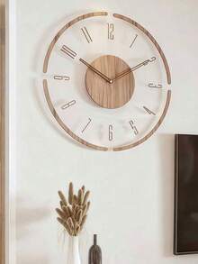 1 Pc, Transparent Acrylic Wall Clock, Creative Wooden Hollow Pointer Clock,Silent Wall Clock, No Ticking, Living Room, Bedroom, Kitchen, Office, Home Decoration Wall Clock. Christmas Present, New Year Present. - Wood Color - View 2