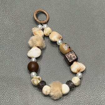 豹纹小熊毛绒手机挂绳，手工串珠吊坠钥匙扣包包挂饰