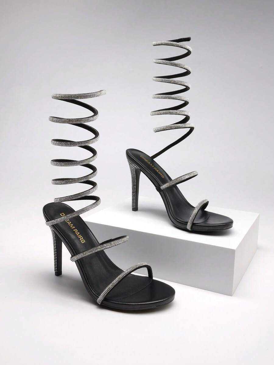 Women Fashionable Rhinestone Embellished Sexy Open Toe High Heel Sandals, Spiral Wrapped Comfort Party High Heels For Party Wedding Prom Wearing - 黑色 - 查看 1
