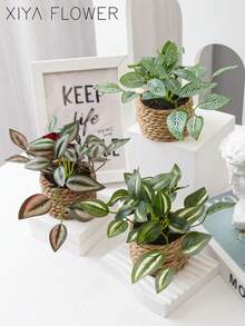 1/3件装人造藤编盆栽，薄荷叶、网叶、眉叶，3种款式，海草绳花盆，海草绳，绿色，PE和涤纶材质，桌面装饰，宿舍和办公室装饰，情人节，春夏家居装饰