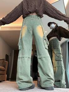 Straight Loose Wide Leg Jeans, High Street Design Cargo Pants For Women - Retro Blue - View 10