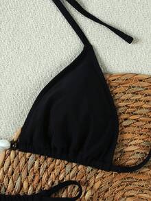 女士黑色金属扣挂脖比基尼，性感火辣风格，沙滩度假两件式泳衣，2026春夏款 - 黑色 - 查看 4