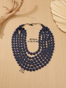 Handmade Multi-Layer Exaggerated Wooden Bead Necklace, Boho Style Bib Necklace For Women, Suitable For Beach, Party, Middle Eastern Formal Occasions, Beautiful Jewelry - Navy Blue - View 2