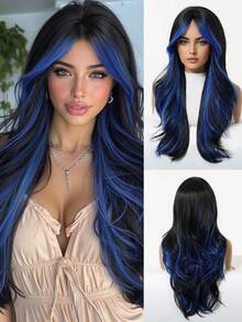 26英寸蓝黑渐变色假发，带刘海，卷发，哑光高温丝材质，佩戴舒适，新手友好，适合约会、聚会、日常通勤，含假发帽，合成纤维假发 - 彩色 - 查看 12