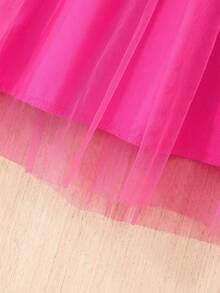 女童蝴蝶印花短袖网纱连衣裙 - 玫紅色 - 查看 5